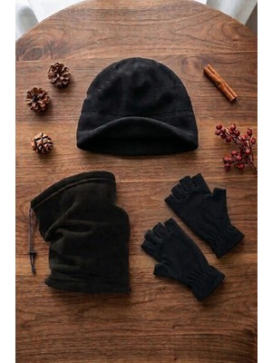 Ritagarcia Unisex Siyah Polar 3'lü Kışlık Set - Ayarlanabilir Boyunluk Bere ve Eldiven Takımı