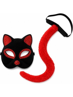 Skygo Kırmızı Kedi Maske ve Kuyruk Seti Parti Kostüm Aksesuarı