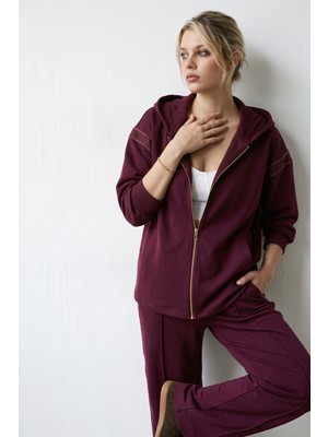 Purpleclo Kadın Bordo Modal Soft Touch Şerit Detaylı Spor Şık Alt Üst Takım