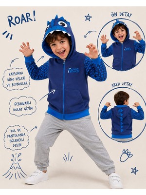 Bymisa Store Erkek Çocuk Dinozor Desenli Fermuarlı Kapüşonlu Sweatshirt