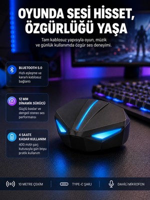 Astraltech Tam Kablosuz Oyuncu Kulaklığı 5.0 Bluetooth LED Kontrollü Yeni Nesil