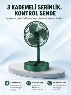 Astraltech Taşınabilir Katlanabilir Mini Fan 3 Kademeli Şarj Edilebilir