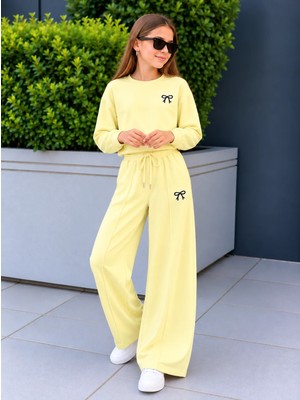 Zepkids Kız Çocuk Eşofman Takımı Sarı Fiyonklu Sweatshirt ve Bol Paça Pantolon 2'li Takım