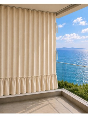 Altınpamuk Bej Fırfırlı Balkon Perdesi Enxboy Seçenekli Bağcıklı
