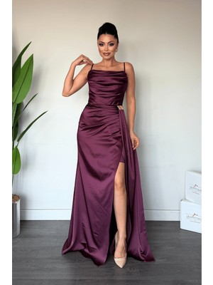 Giyimmasalı Saten Kumaş Şal Detaylı Abiye Elbise - Patlıcan MOR-GYM-7008