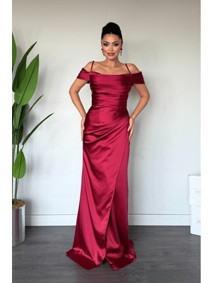 Giyimmasalı Saten Kumaş Degaje Yaka Abiye Elbise - BORDO-GYM-7009
