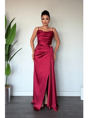 Giyimmasalı Saten Kumaş Şal Detaylı Abiye Elbise - BORDO-GYM-7008