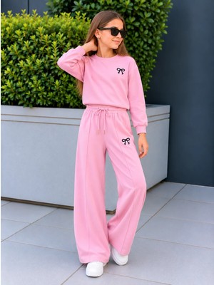 Zepkids Kız Çocuk Eşofman Takımı Pembe Fiyonklu Sweatshirt ve Bol Paça Pantolon 2'li Takım