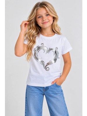 Sibel Günay Butik Beyaz Önü Kalp Arkası Melek Kanatlı Gümüş Gri Varak Baskılı Parlak %100 Pamuk Kız Çocuk Badi Tişört