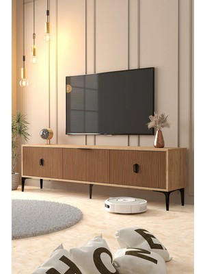 EVMO Home Neva 180 cm Ayaklı TV Ünitesi 3 Kapaklı TV Sehpası Sepet-Kaplan 3803