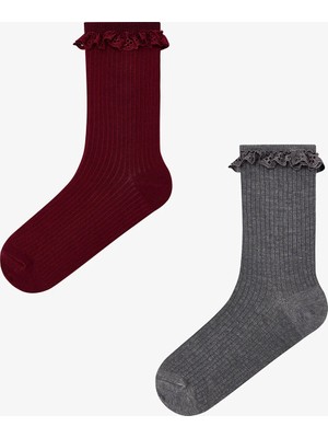Penti Bordo Duman Şık Dantelli Pamuklu 2 Çift Soket Çorap