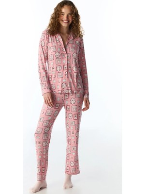 Penti Pembe Postcard Fitilli Uzun Kollu Gömlek Pantolon Pijama Takımı