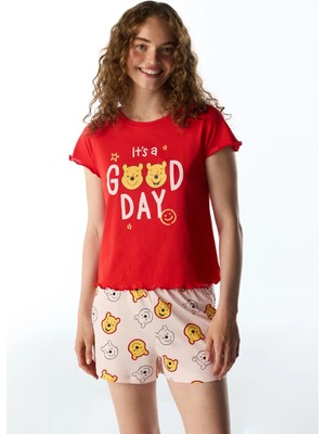 Penti Kırmızı Good Day Ayı Desenli Kısa Kollu Şort Pijama Takımı