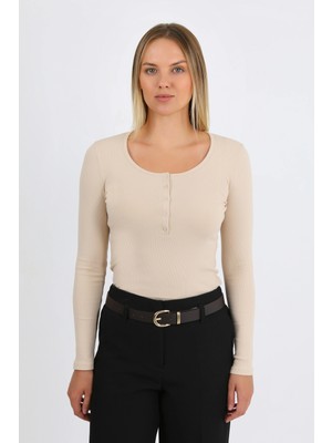 Hdm Kadın Bej Uzun Kollu Fitilli Patlı Çıtçıtlı Basic Örme Bluz - H6172