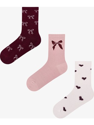 Penti Bordo Ribbon Heart Fiyonk Desenli Pamuklu 3 Çift Soket Çorap