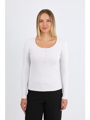 Hdm Kadın Beyaz Uzun Kollu Fitilli Patlı Çıtçıtlı Basic Örme Bluz - H6172