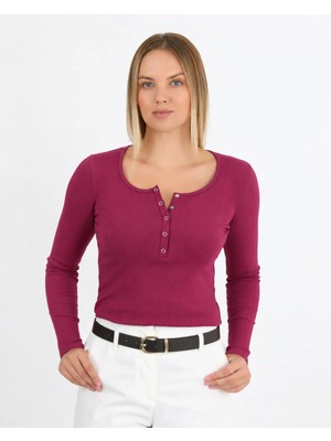 Hdm Kadın Bordo Uzun Kollu Fitilli Patlı Çıtçıtlı Basic Örme Bluz - H6172
