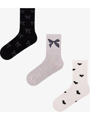 Penti Gri Ribbon Heart Fiyonk Desenli Pamuklu 3 Çift Soket Çorap