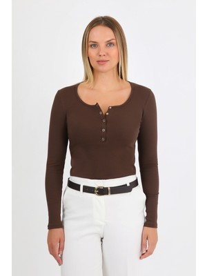 Hdm Kadın Kahverengi Uzun Kollu Fitilli Patlı Çıtçıtlı Basic Örme Bluz - H6172