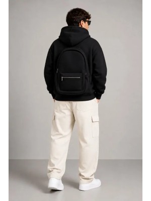 Beruflic Erkek 3 Iplik Şardonlu Tam Fermuarlı Kapüşonlu Arka Çanta Detaylı Sweatshirt - Siyah