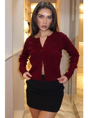 Seeh Bordo Düğmeli Uzun Kollu Triko Hırka SH209