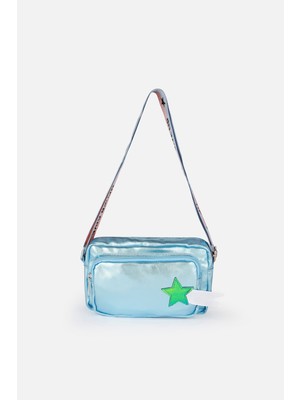 İcone Bag Çocuk Çantası, Iki Bölmeli Yıldız Desenli Metalik Mavi El ve Omuz Çanta, Kids Bag