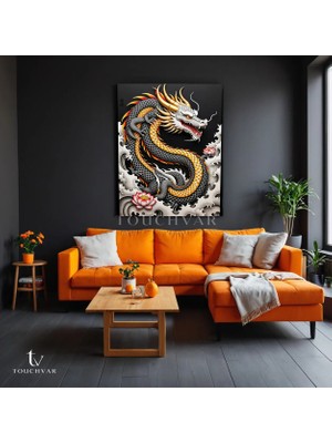 Dikey Kanvas Tablo Japon Ejderhası ve Lotus Mitolojik Tablo Ev Ofis Duvar Dekoru