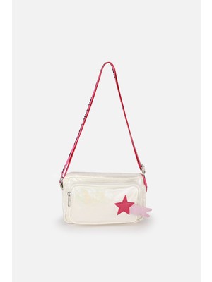İcone Bag Çocuk Çantası, Iki Bölmeli Yıldız Desenli Sedefli Beyaz El ve Omuz Çanta, Kids Bag