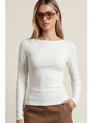 Şiir Jerdev Slim Fit Soft Touch Kayık Yaka Uzun Kollu Kadın Bluz & Top - Ekru