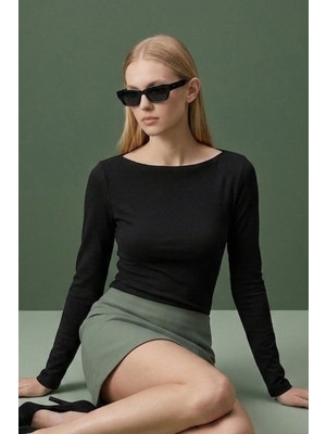 Şiir Jerdev Slim Fit Soft Touch Kayık Yaka Uzun Kollu Kadın Bluz & Top- Siyah