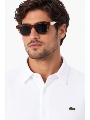 Lacoste Mens Slim Fit White Cotton Shirt Dar Kesim Organik Pamuklu Pike Erkek Gömlek Beyaz