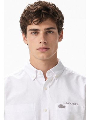 Lacoste Men's Regular Fit White Shirt Standart Kesim Düğmeli Yaka Pamuklu Erkek Gömlek Beyaz