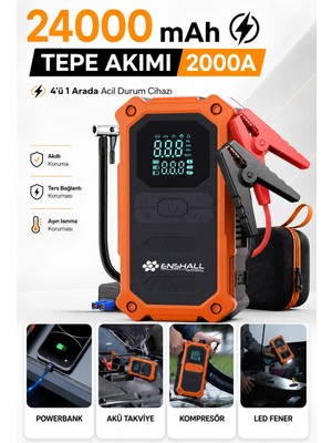 Enshall 24.000MAH PRO Model Şarjlı Powerbank Özellikli Çantalı 2000A Tepe Akımlı Akü Takviye Cihazı Oto Hava Kompresör