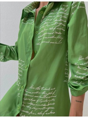 Mass Fashion Kadın Saten Yazı Desenli Gömlek Elbise