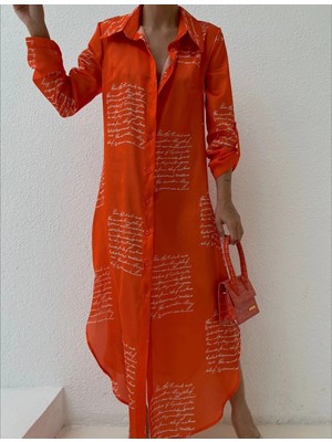 Mass Fashion Kadın Saten Yazı Desenli Gömlek Elbise