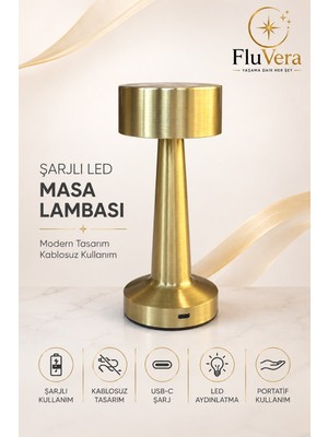 Fluvera Düz Başlık Şarjlı LED Masa Lambası Kablosuz Dekoratif Masa Lambası Usb-C Şarjlı Portatif Modern Tasarım