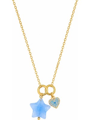 Hector&Co. Jewellery Kadın Gold Renk Mavi Doğal Taş Yıldız ve Kalp Figürlü Zarif Kolye