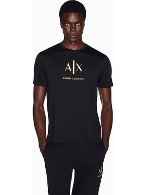 Armani Exchange Erkek Yuvarlak Yaka Nakış Logo Desenli Kısa Kollu Pamuklu Siyah T-Shirt XM003114 AF10356-UC001