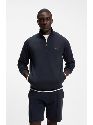 Boss Erkek Normal Kalıp Yarım Fermuarlı Metalik Logo Imzalı Pamuklu Uzun Kollu Lacivert Sweatshirt 50566915-403