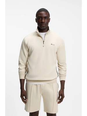 Boss Erkek Normal Kalıp Yarım Fermuarlı Metalik Logo Imzalı Pamuklu Uzun Kollu Bej Sweatshirt 50566915-132