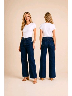 Hies Wide Leg Palazzo Kadın Jeans, Likralı Yüksek Bel Kot Pantolon - Lacivert