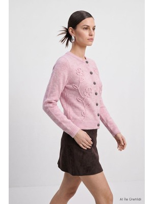 Rays Çiçek Nakışlı Düğmeli Hırka 7051 Pembe