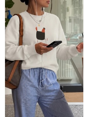 Monila Kadın Premium Kumaş 3 Iplik Şardonlu Tavuk Baskılı Sweatshirt