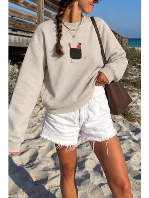 Monila Kadın Premium Kumaş 3 Iplik Şardonlu Tavuk Baskılı Sweatshirt