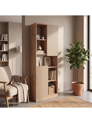 Bimossa W2120 Daffy Kitaplık Sepet-Kumtaşı - 183 cm Yüksek, 2 Kapaklı, Raflı ve 9 Bölmeli Çok Amaçlı Dolap