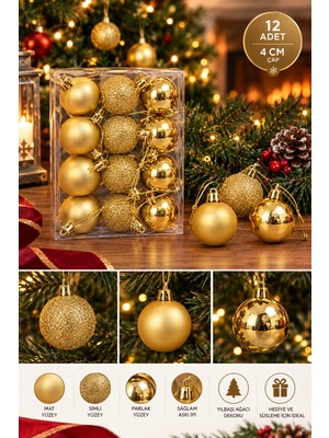 Biton Toptan 12'li Set 4 cm Gold Yılbaşı Ağacı Süsü – Mat, Simli ve Parlak Karışık Çam Ağacı Topu Noel Süsü