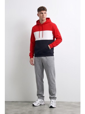 Markapia Man Erkek Kapüşonlu Cepli Içi Polarlı Parçalı Kırmızı Sweatshirt