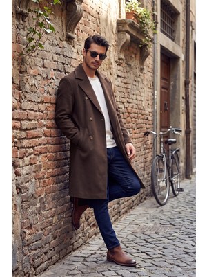 Buratti Loose Fit Kruvaze Yaka Uzun Astarlı Kaşe Kaban Erkek Kaban 681003