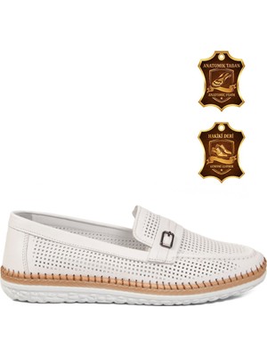 Voyager Beyaz Geniş Kalıp Hakiki Deri Hafızalı Rahat Taban Kadın Casual Ayakkabı Loafer Z142 Z