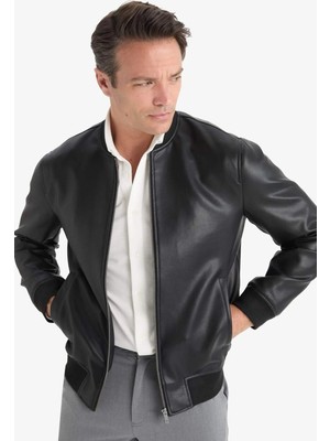 DeFacto Su Geçirmez Slim Fit Kolej Yaka Ribanalı Fermuarlı Suni Deri Bomber Mont Y5367AZ22AU